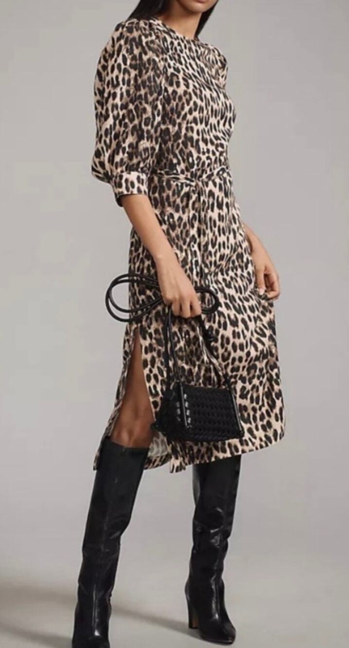 Anthropologie Baum Und Pferdgarten Alya Puff Sleeve Tie Waist Midi Dress Size 38